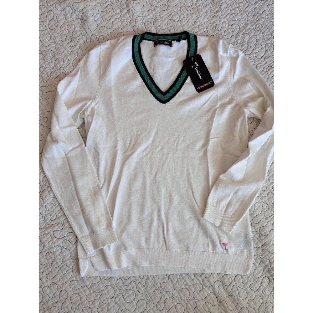 Golftini Womens White V-Neck Long Sleeve Golf Sweater Green Trim Size Medium